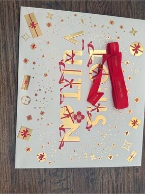 Louis Vuitton White and Gold Holiday Gift Bag with Red Ribbon Accent